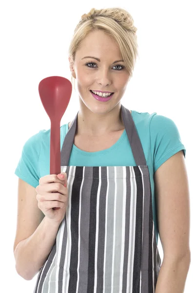 Young Woman Holding Plastic Serving Spoons — Stock Photo, Image