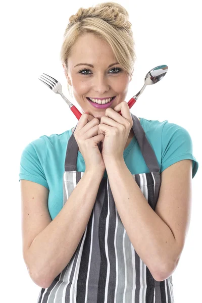 Happy Young Woman Holding Knife and Fork — Stock Photo, Image