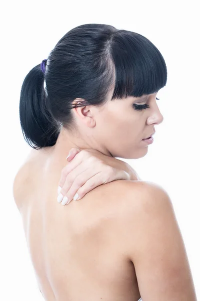 Mladá žena s bolestí krku — Stock fotografie