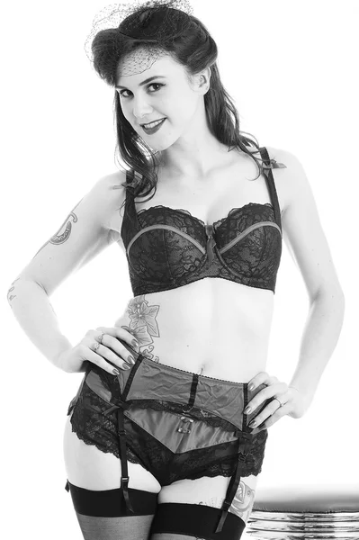 Young Pin Up Model Wearing Vintage Lingerie — Stock Photo, Image