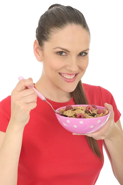 Felice Giovane Donna Mangiare Prima Colazione Cereale — Foto Stock