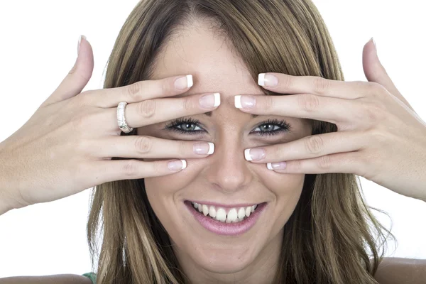 Sad Young Woman Peering Through Fingers — Stock Photo, Image