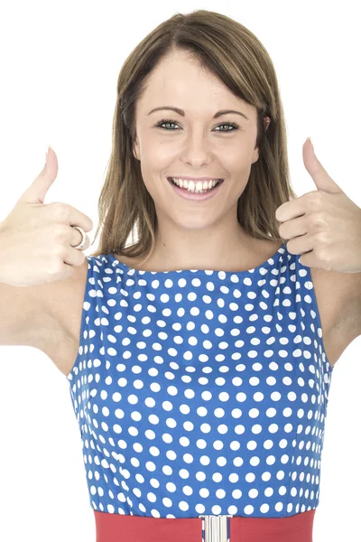 Mujer joven con vestido de lunares azules pulgares hacia arriba — Foto de Stock