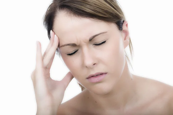 Mulher jovem triste com uma dor de cabeça — Fotografia de Stock