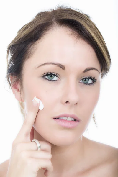 Attractive Young Woman Applying Moisturizing Cream — Stock Photo, Image