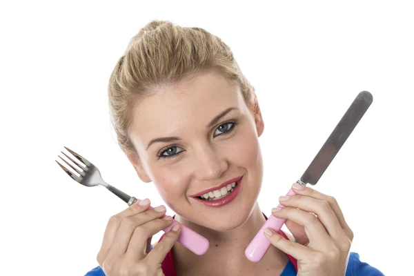 Attractive Young Woman Holding Cutlery — Stock Photo, Image