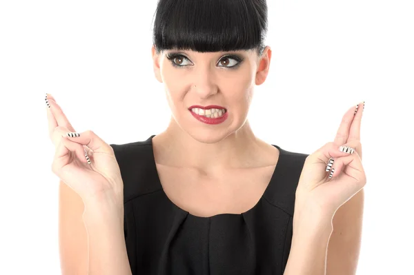 Anxious Young Woman Fingers Crossed — Stock Photo, Image