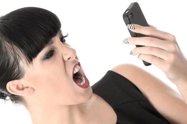 Young Woman Shouting into Mobile Phone — Φωτογραφία Αρχείου