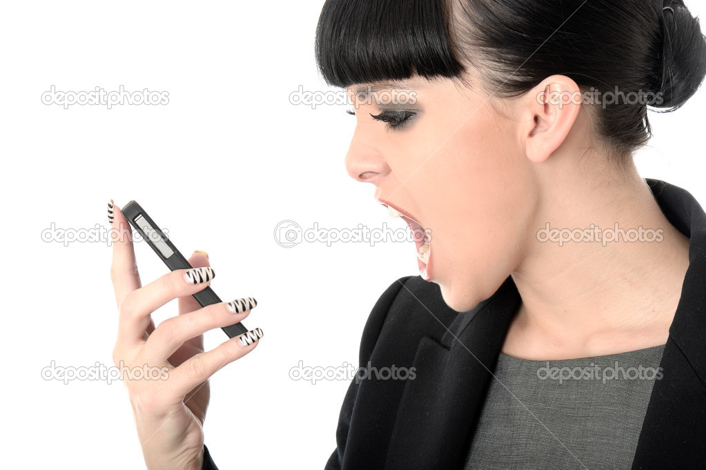 Young Woman Shouting into Mobile Telephone