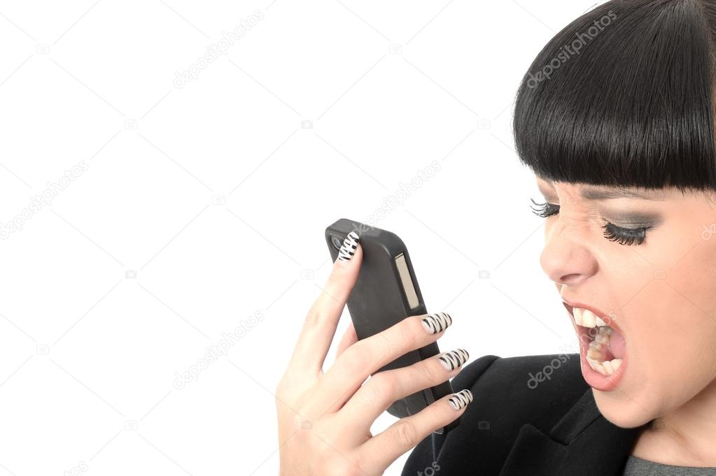 Young Woman Shouting into Mobile Telephone