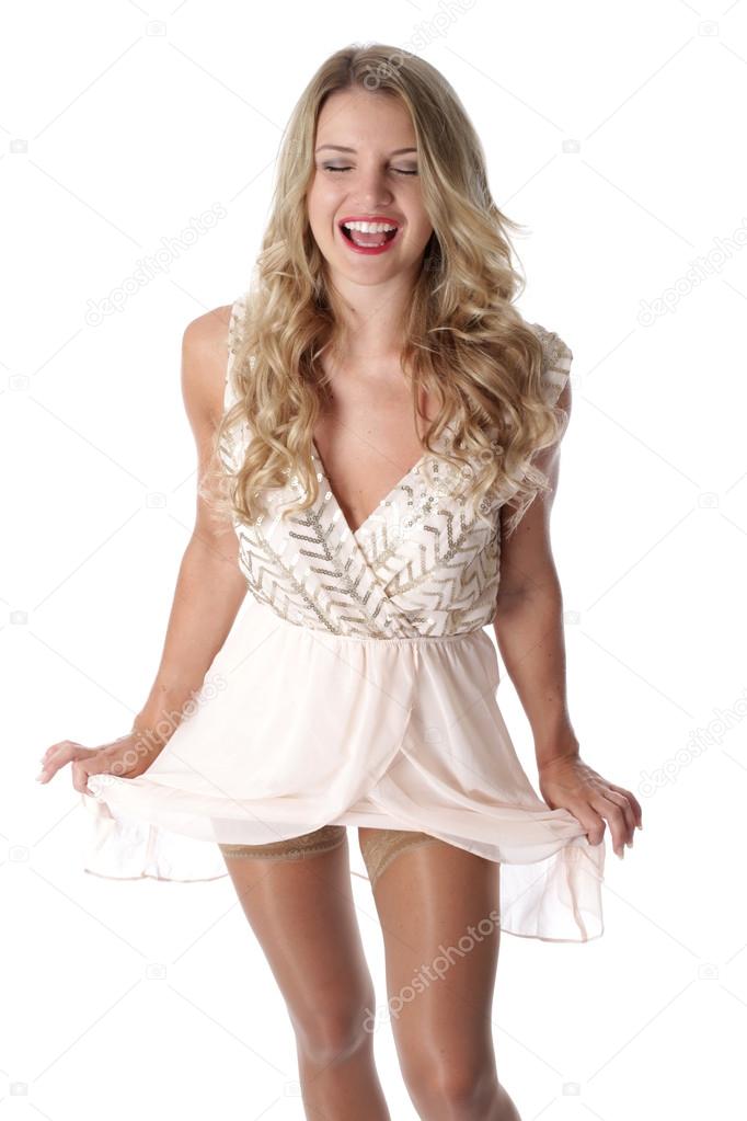 Happy Young Woman Wearing Sheer Flimsy Dress