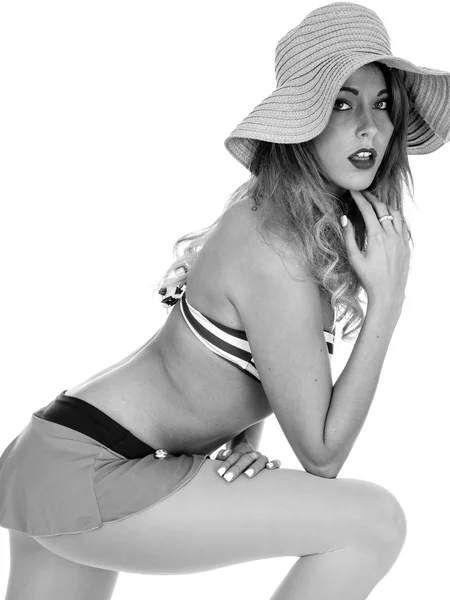 Glad ung kvinna som bär vintage bikini — Stockfoto