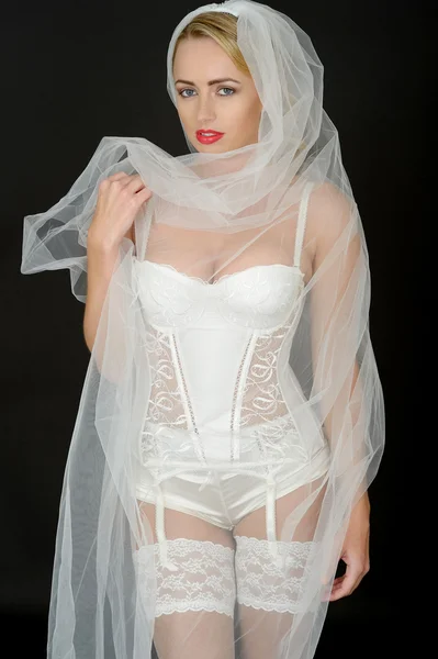 Sexy Young Wedding Bride in White Lingerie — Stock Photo, Image