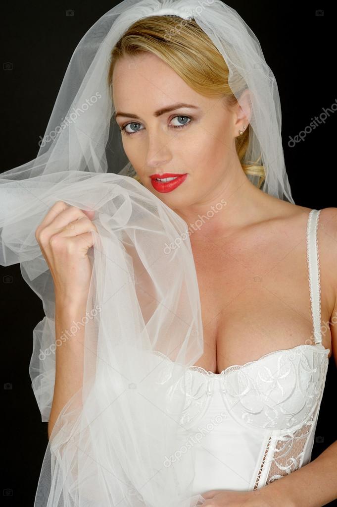 Sexy Young Wedding Bride in White Lingerie Stock Photo by