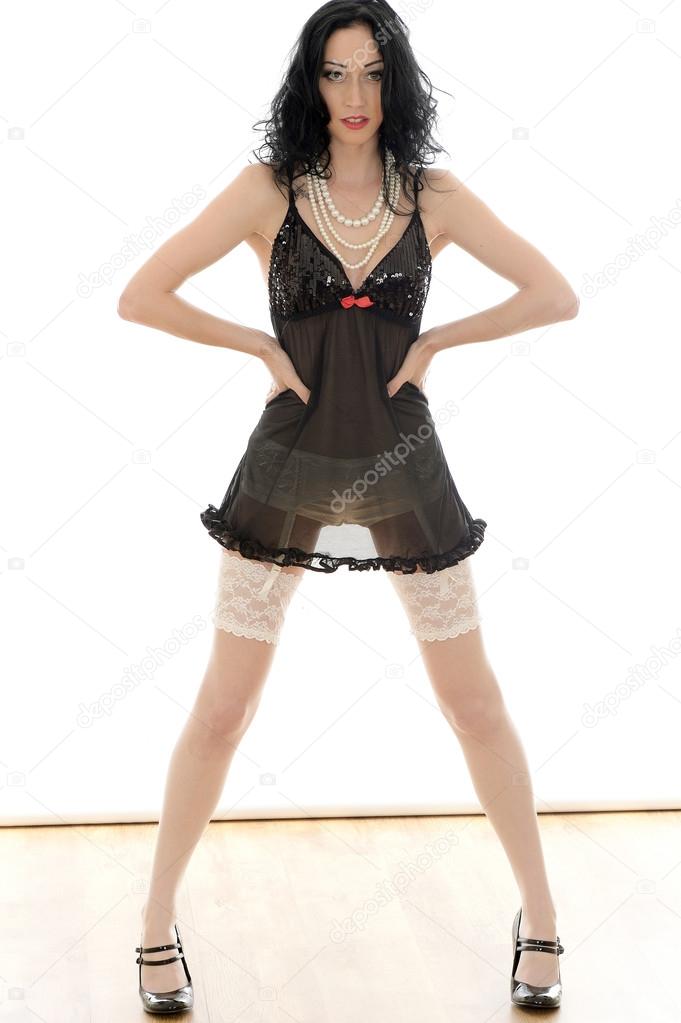 Attracive Young Woman Wearing Black Negligee
