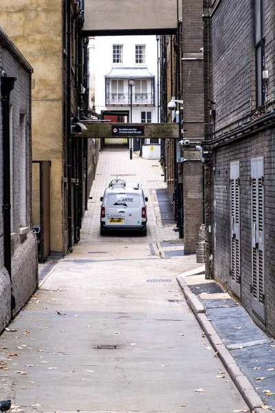 Works Van Parked Narrow Alley Two Rows Central London Buildings — стоковое фото