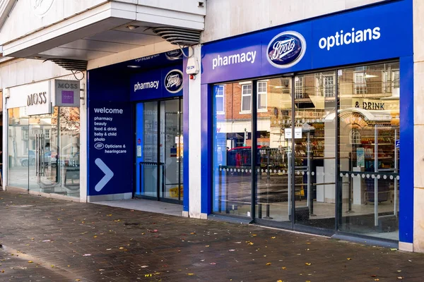Epsom Surrey London October 2021 Boots Pharmacy Opticians Retail Store — стокове фото