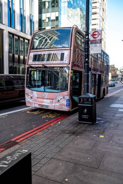 Waterloo Londra İngiltere 21 Kasım 2021, Pembe Londra Çift Katlı Otobüs Yolcu Bekliyor