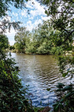 Dorking Surrey Hills London UK, 24 Temmuz 2022, Meadowbank Park Dorking Lanscape Ağaçların ve Doğanın Su Yansıması ve İnsansız