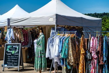 Dorking, Surrey Hills, London UK, July 07 2022, Market Traders Stall Selling Coulorful Women Clothing