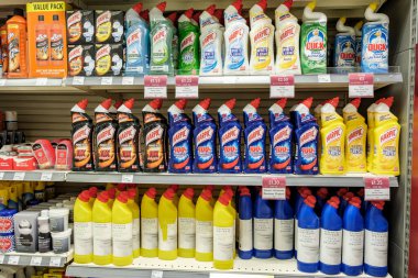 Epsom Surrey, August 14 2022, Branded Bottles Of Household Bleach On Supermarket Shelf