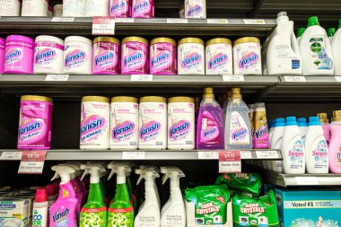 Epsom Surrey, August 14 2022, Selection Of Branded Laundry Clothes Washing Products On Supermarket Shelf
