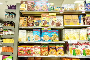 Epsom Surrey, August 14 2022, Branded Display Of Breakfast Cereals On Supermarket Shelf