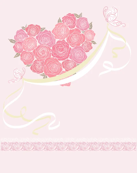 Bonita tarjeta con corazón de rosas — Vector de stock