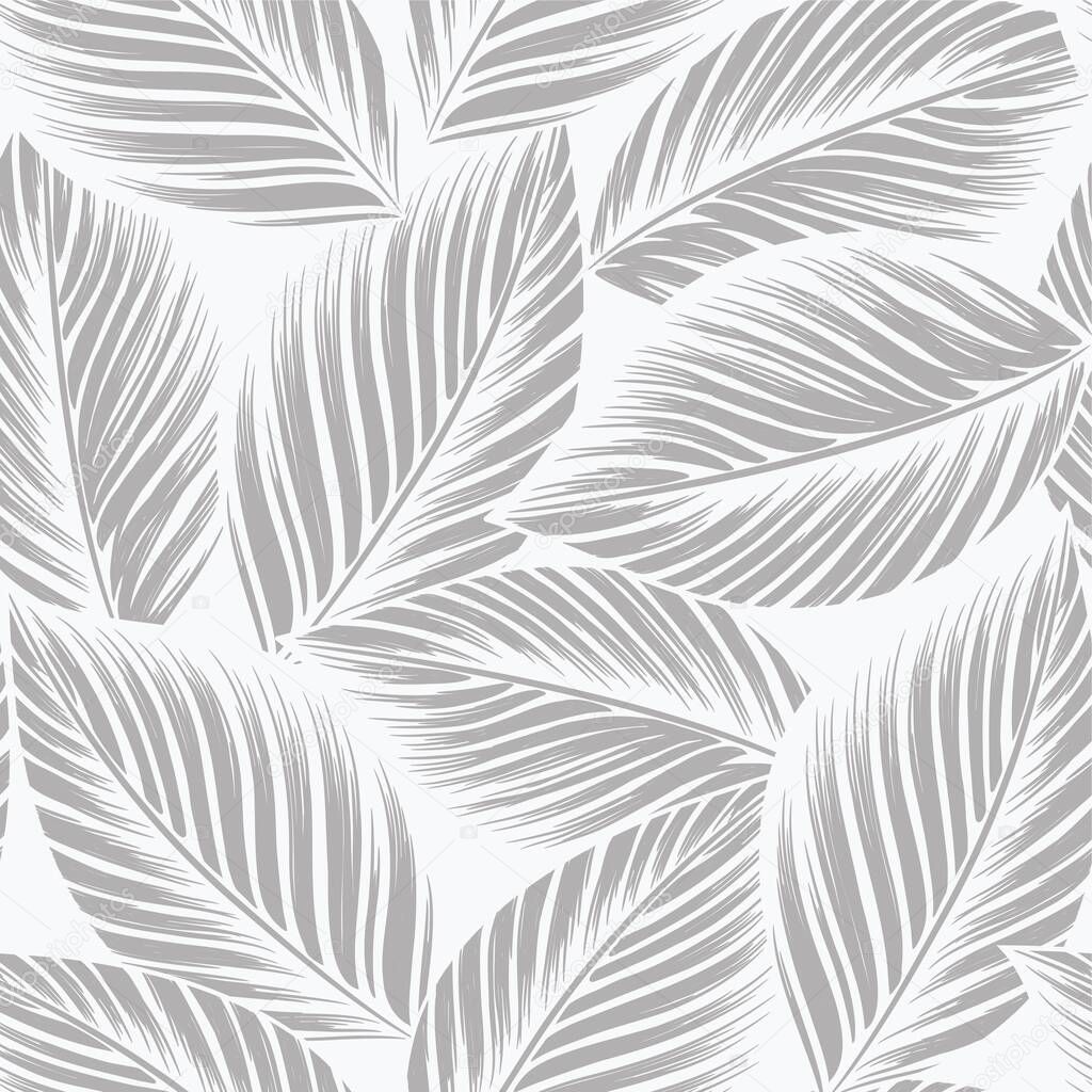 seamless grey abstract background with grey leaves drawn by thin lines