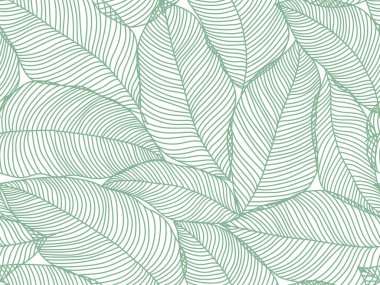 Yaprakları olan kusursuz soyut çiçek arkaplanı. Yeşil yapraklı beyaz desenli. Vektör çizimi. Monokoromu.