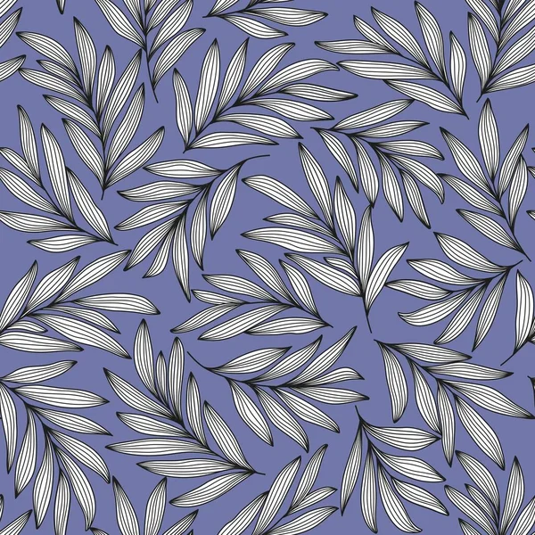 Seamless Abstract Floral Background Leaves Blue Patterrn Black White Leaves — Vector de stock