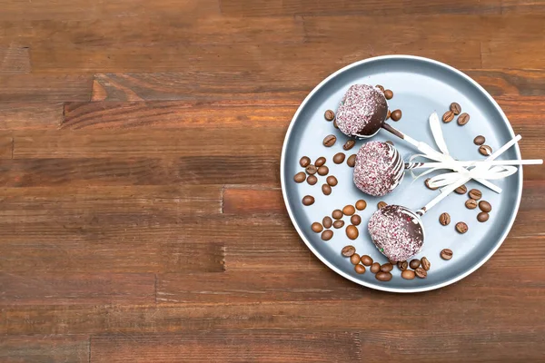 Chocolate Cake Pops Decorated White Sprinkles Plate Coffee Beans Wooden —  Fotos de Stock