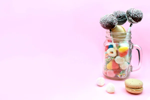 Delicious Chocolate Cake Pops Decorated White Sprinkles Glass Jar Cup — Stock Photo, Image