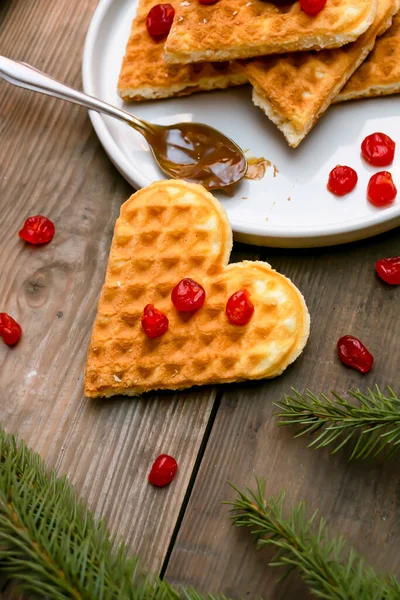 Homemade Belgian Waffles Heart Shaped Plate Colorful Red Sweet Cherry — Stock Photo, Image