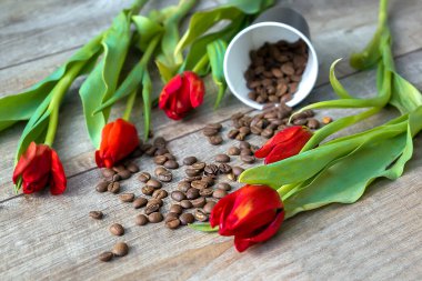 Siyah kahve fincanı ve bir buket kırmızı lale çiçeği. Kadınların Anneler Günü, Bahar, romantik hediye konsepti Makro seçici odaklanma.