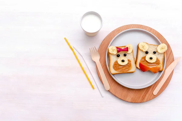 Funny Cute Bear Dog Faces Sandwich Toast Bread Peanut Butter — стоковое фото