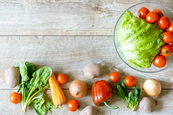 有機およびバイオの新鮮な野菜トマト ピーマン ニンジンのボウルは コピースペースのある素朴な木製の背景テーブルの上に並んでいます 健康的な自然な熟した菜食主義の野菜の概念 サラダ成分 — ストック写真