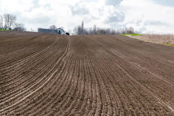 Plowed Ground Agricultural Field Ready Seed Sowing Planting Process Newly — Stock Photo, Image