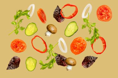 Hafif bahar salatası, havada süzülen hava malzemeleri, taze vitamin sebzeleri. Askıya alınmış domates, salatalık, biber, maydanoz, fesleğen. Vejetaryen vejetaryen sağlıklı yemek menüsü.