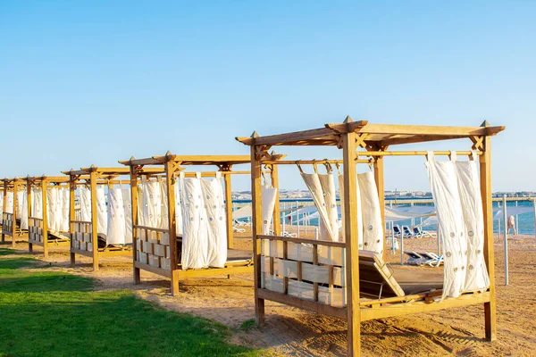 Row of wooden furniture for rest with curtains, deck chair bed, gazebo on sand beach with grass lawn, tropical sea luxury resort.Summer vacation in Egypt,Africa on warm sunny day outdoor in sunshine.