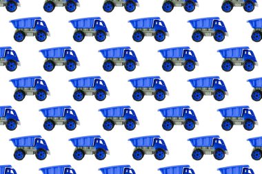 Renkli mavi plastik damperli kamyon, bahşiş kamyonu, beyaz arka planda izole edilmiş araba oyuncağı hala kusursuz desen, model, şablon, çocuklar için oyuncaklar, oğlanlar, kızlar, gelişim, oyun, çocukluk.