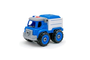 Colorful little mini blue plastic police defender truck car toy isolated on white background, mockup with copy space, toys for children,for boys, kids development, playing, childhood fun.