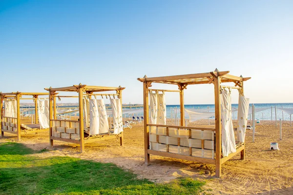 Row of wooden furniture for rest with curtains, deck chair bed, gazebo on sand beach with grass lawn, tropical sea luxury resort.Summer vacation in Egypt,Africa on warm sunny day outdoor in sunshine.