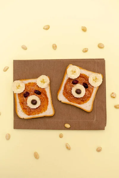 Funny Cute Bear Faces Sandwich Toast Bread Peanut Butter Banana — Photo