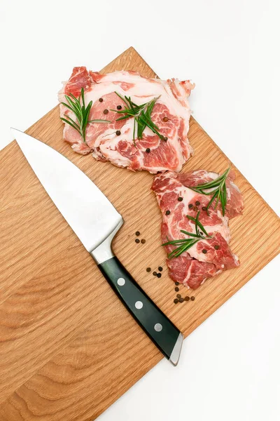 Raw Fresh Beef Meat Steaks Rosemary Pepper Knife Cutting Board — Stock Fotó