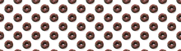 Zwarte Donuts Met Rood Glazuur Witte Achtergrond Naadloze Patroon Bovenaanzicht — Stockfoto