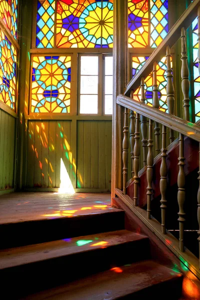 Building Wood Balcony Stairs Colorful Stained Glass Mosaic Window Old — Fotografia de Stock