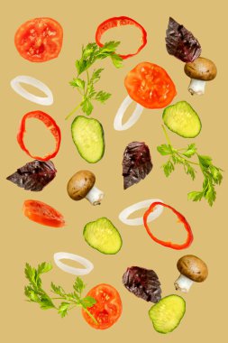 Hafif bahar salatası, havada süzülen hava malzemeleri, taze vitamin sebzeleri. Askıya alınmış domates, salatalık, biber, maydanoz, fesleğen. Vejetaryen vejetaryen sağlıklı yemek menüsü.