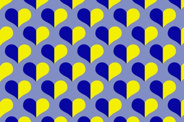 Ulusal Geleneksel Mavi ve Sarı Ukrayna sembollerinin kusursuz deseni mavi arka planda kalp şeklinde Ukrayna 'ya barış ve zafer.