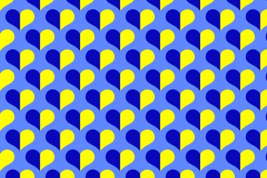 Ulusal Geleneksel Mavi ve Sarı Ukrayna sembollerinin kusursuz deseni mavi arka planda kalp şeklinde Ukrayna 'ya barış ve zafer.